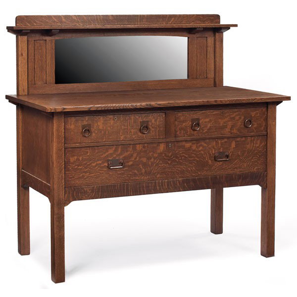 Stickley Brothers sideboard, similar to #8710, mirr: Stickley Brothers sideboard, similar to #8710, mirrored back over two half drawers and one full drawer with original copper hardware, refinished, signed with Quaint metal tag, 58"w x 24"d x 57"h, very
