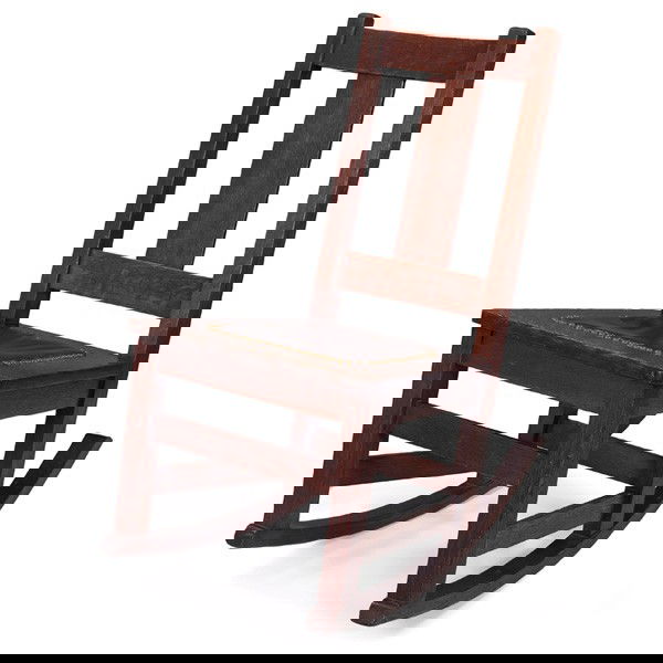 Limbert sewing rocker, #1892: Limbert sewing rocker, #1892, single wide slat at back over a recovered seat with original tacks, original finish, branded signature, 18"w x 29"d x 30"h, very good condition