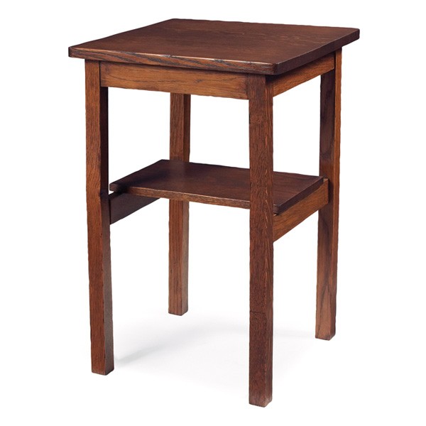Arts and Crafts side table; Arts and Crafts tabou: Arts and Crafts side table, square top over a lower shelf, refinished, 16"w x 16"d x 25"h, good condition; with an Arts and Crafts tabouret, (not shown), in birch, octagonal top over a cross-stretcher