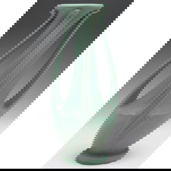 Teco vase, #89, four handled form: Teco vase, #89, designed by W.J. Dodd, four handled form, under a good green matte glaze, impressed marks, 4.5"w x 12.25"h