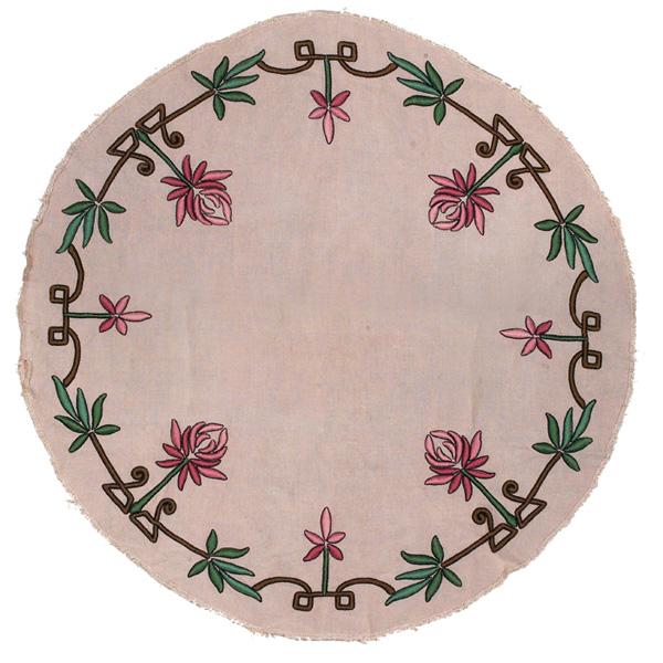 Arts and Crafts table mat; Arts and Crafts table r: Arts and Crafts table mat, linen with a colorful embroidered design, 33"dia; with an Arts and Crafts table runner, colorful embroidered stylized roses on oatmeal-colored linen, 17"w x 50"l