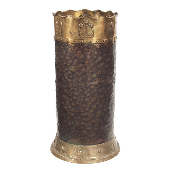 Secessionist umbrella stand, brass: Secessionist umbrella stand, in brass with stylized repousse design, copper wash to center, 12.5"dia x 24"h, very good condition