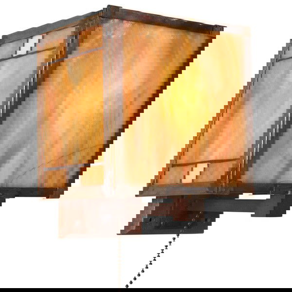 Frank Lloyd Wright sconce, from the Hotel Geneva,: Frank Lloyd Wright sconce, from the Hotel Geneva, Lake Geneva, Wisconsin, 1911, copper fitter on a wood base with pivoting center panel and two leaded glass panels at each side, side panels replaced,