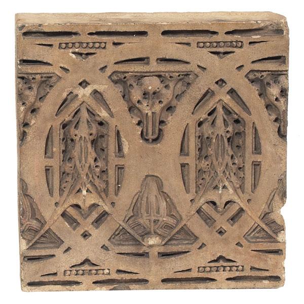 Frank Lloyd Wright architectural exterior block, f: Frank Lloyd Wright architectural exterior block, from the Francis Apartments, Chicago, Illinois, 1895, Prairie design of interlocking circles in terra cotta, minor chips, 17"w x 4"d x 17"h