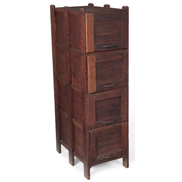 Arts and Crafts file cabinet, four drawers : Arts and Crafts file cabinet, four drawers with original hardware, overall roughness, refinished, 15"w x 25.5"d x 52.5"h, good condition