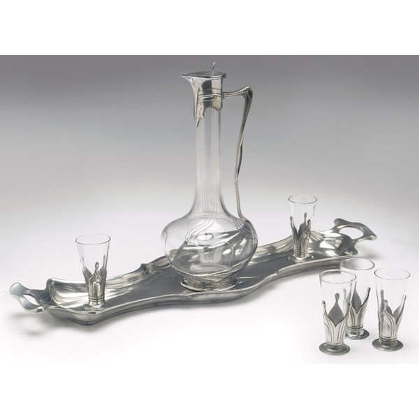 Orivit liqueur set; decanter, 5 glasses, tray: Orivit liqueur set, includes a decanter, five liquor glasses, all in clear glass with metal overlay and Art Nouveau design and matching double handled tray, tray: 16"l, decanter: 8.5"h