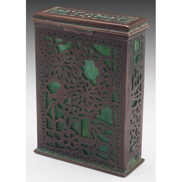 Tiffany Studios box, attribution, bronze, grapevin: Tiffany Studios box, attribution, bronze in the grapevine pattern over green, white and blue glass, unmarked, 3"w x 4"h, cracks to glass at front