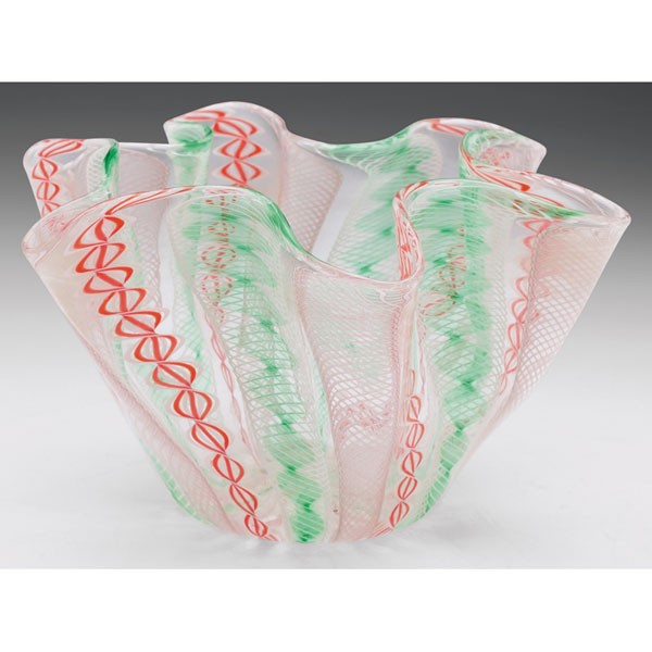 Italian Glass handkerchief vase, clear glass: Italian Glass handkerchief vase, clear glass with colorful spiraling inclusions, unsigned, 6.5"w x 4"h