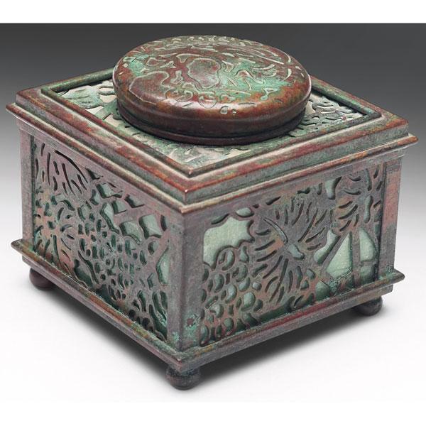 Tiffany Studios inkwell, bronze, grapevine pattern: Tiffany Studios inkwell, bronze in the grapevine pattern over green and white glass, original green patina, signed Tiffany Studios, New York, #845, 3.25"w x 3"h