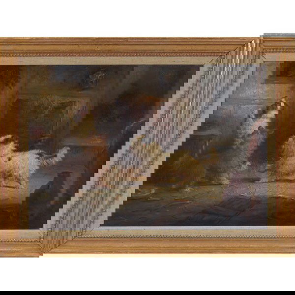 British School "Dogs at Play," oil on canvas: British School (19th century) "Dogs at Play," c. 1880, oil on canvas, 13" x 19", unsigned, framed