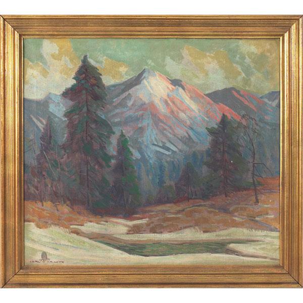 Carl Rudolph Krafft "In the Rockies," oil on canva: Carl Rudolph Krafft (American, 1884-1938) "In the Rockies," 1935, oil on canvas, 24" x 27", signed and dated lower left, titled on period label on verso and on stretcher, framed