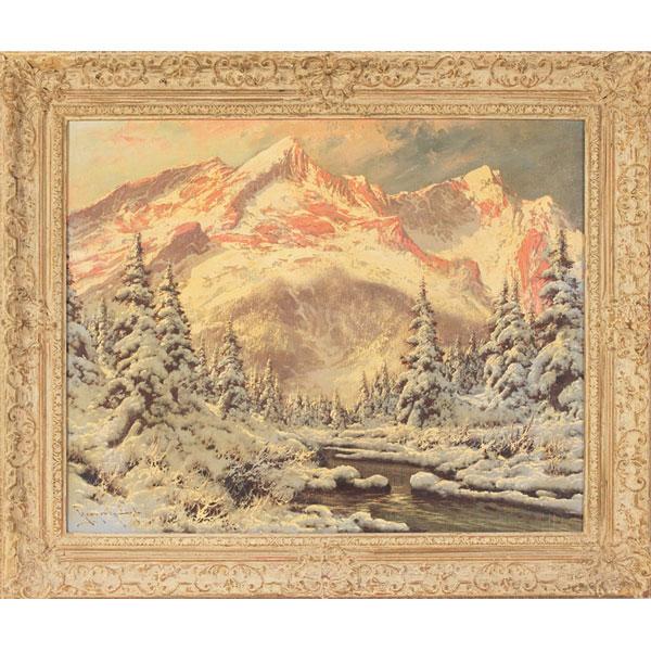 Laszlo Neogrady "Snow in the Alps," oil on canvas: Laszlo Neogrady (Hungarian, 1896-1962) "Snow in the Alps," c. 1930, oil on canvas, 24" x 30", signed lower left, framed