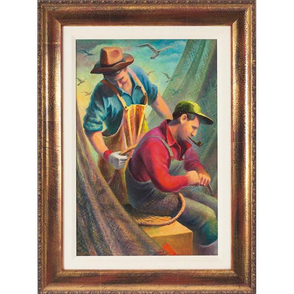 Robert Addison "Net Menders," oil on canvas: Robert Addison (American, 1924-1988) "Net Menders," 1949, oil on canvas, 18" x 12", signed and dated lower left, framed