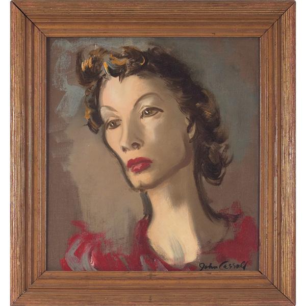 John Wesley Carroll "Portrait," oil on canvas: John Wesley Carroll (American, 1892-1959) "Portrait," c. 1940, oil on canvas, 16" x 14", signed lower right, framed