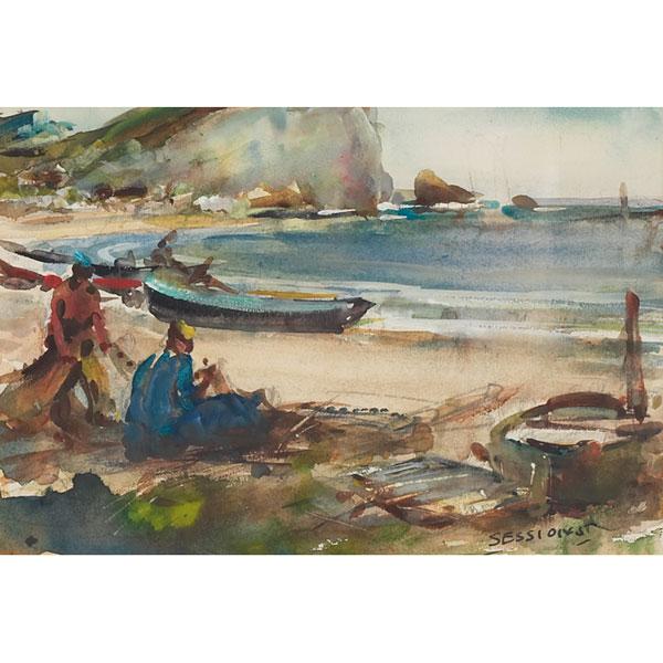 James Milton Sessions "Fishermen," watercolor: James Milton Sessions (American, 1882-1962) "Fishermen," c. 1930, watercolor, 6" x 8.75", signed lower right, framed