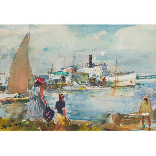 James Milton Sessions "Harbor Scene," watercolor: James Milton Sessions (American, 1882-1962) "Harbor Scene," c. 1930, watercolor, 6" x 8.75", signed lower left, framed