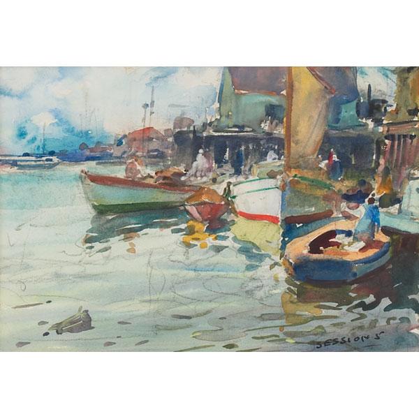 James Milton Sessions "Harbor Scene," watercolor: James Milton Sessions (American, 1882-1962) "Harbor Scene," c. 1930, watercolor, 6" x 8.75", signed lower right, framed