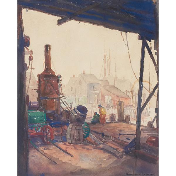 Harrison Cady "Dockworkers," watercolor: Harrison Cady (American, 1877-1970) "Dockworkers," c. 1926, watercolor, 16.75" x 13.25", signed lower right, framed