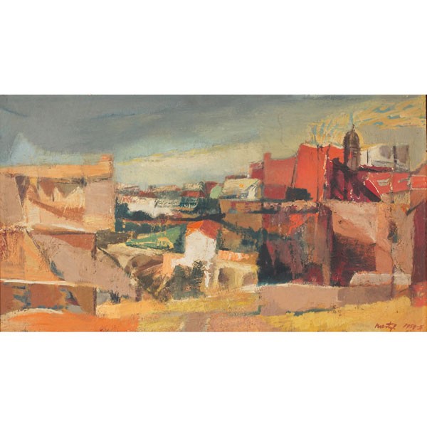 Suzanne S. L. Martyl "Spanish Landscape," oil/maso: Suzanne Schweig Langsdorf Martyl (American, b. 1918) "Spanish Landscape," 1954-55, oil on masonite, 17" x 30", signed and dated lower right, titled on original Charles Feingarten Fine Art Gallery labe