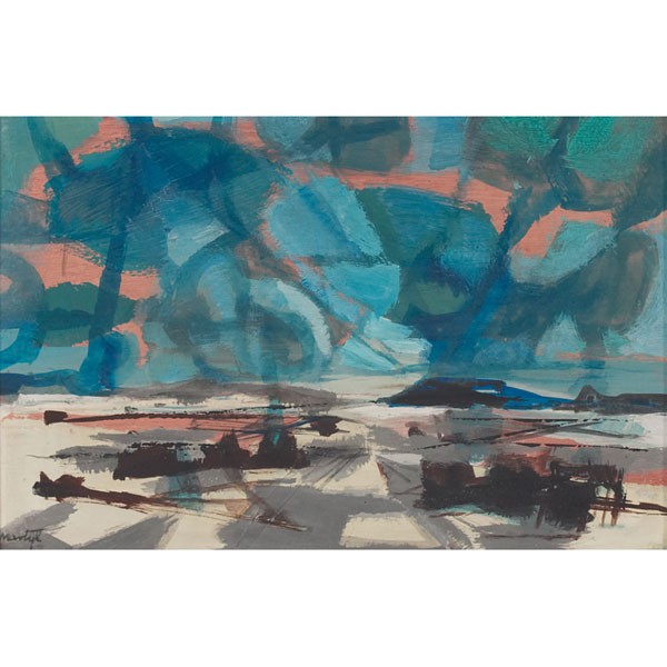 Suzanne S. L. Martyl "Northern Lights II," oil on : Suzanne Schweig Langsdorf Martyl (American, b. 1918) "Northern Lights II," c. 1955, oil on panel, 8" x 12", signed lower left, titled on period gallery label on verso, framed