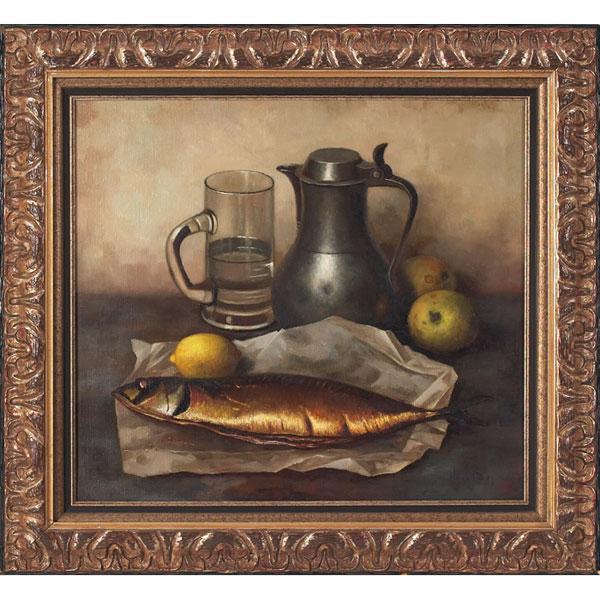 Henk Bos "Still Life with Fish," oil on canvas: Henk Bos (Dutch, 1901-1979) "Still Life with Fish," c. 1940, oil on canvas, 18" x 20", signed lower right, framed
