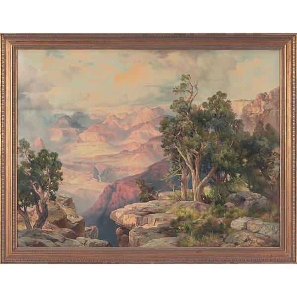 Thomas Moran "Grand Canyon," chromolithograph: Thomas Moran (American, 1837-1926) "Grand Canyon, Arizona, from Hermit Rim Road," 1912, chromolithograph, 26" x 34.75", signed and dated in plate, framed