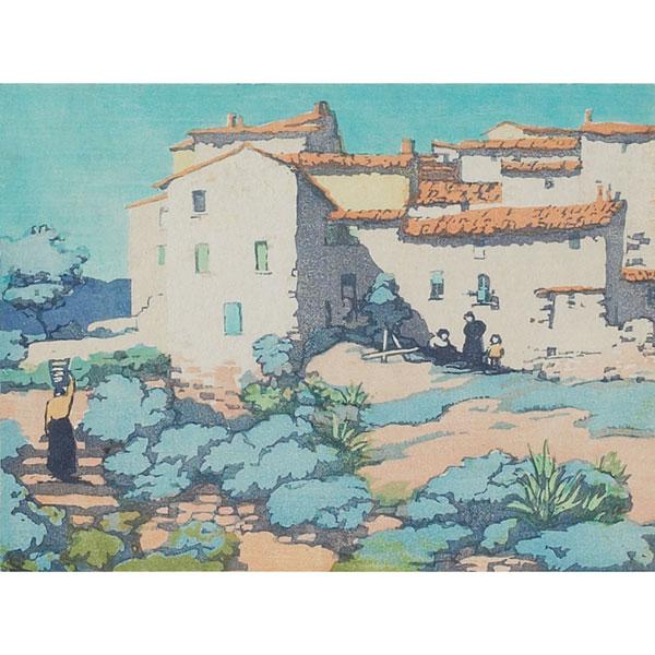 Norma Bassett Hall "La Gaude," woodcut: Norma Bassett Hall (American, 1890-1957) "La Gaude," 1943, woodcut, 7" x 9.5", pencil signed and titled, framed
