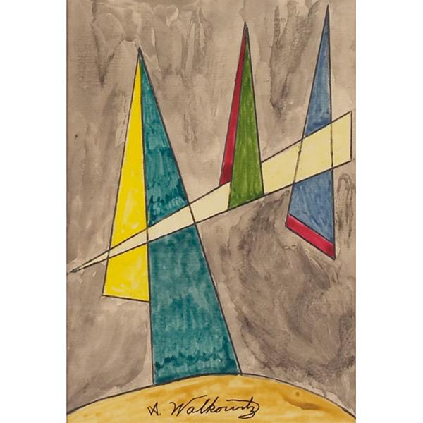 Abraham Walkowitz "Abstract," pen/watercolor: Abraham Walkowitz (American, 1878-1965) "Abstract Composition," c. 1955, pen and watercolor, 6.5" x 4.5", signed lower center, framed