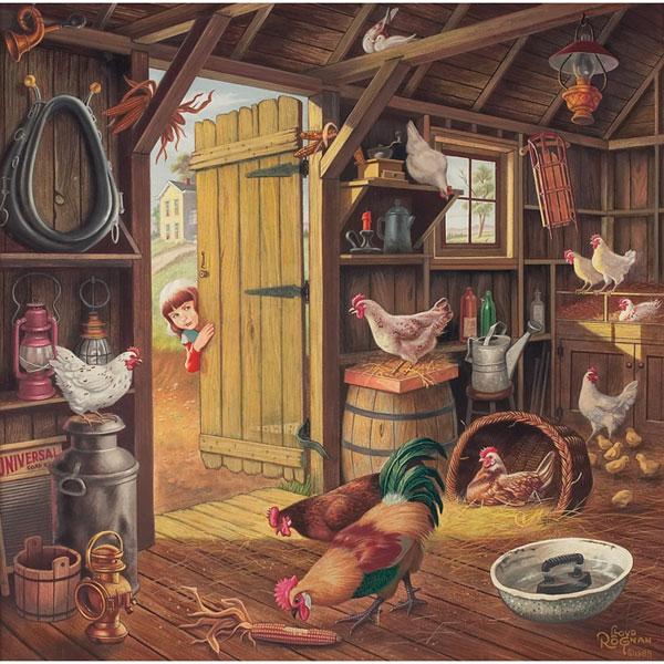 Lloyd N. Rognan "(Child's Observation)," oil on bo: Lloyd Norman Rognan (American, 1923-2005) "(Child's Observation) The Rooster Only Does the Crowing, But the Hen Lays All the Eggs," 1988, oil on board, 28" x 28", signed and dated lower right, titled 