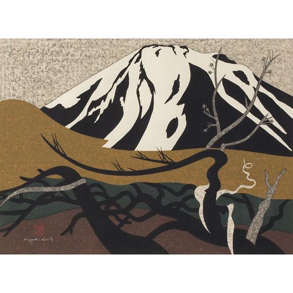 Kiyoshi Saito "Mountain Landscape," color woodcut: Kiyoshi Saito (Japanese, 1907-1992) "Mountain Landscape," 1980, color woodcut, 17.75" x 24", hand signed lower left, pencil dated and numbered, edition of 100, framed