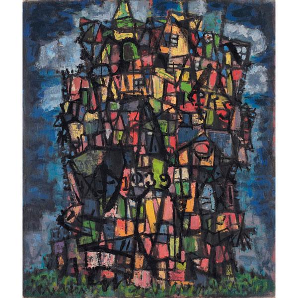 Paul Kauvar Smith "Abstracts," two oils on canvas : Paul Kauvar Smith (American, 1893-1978) "Abstracts," c. 1950, two oils on canvas board, larger: 24" x 20", one initialed, unframed