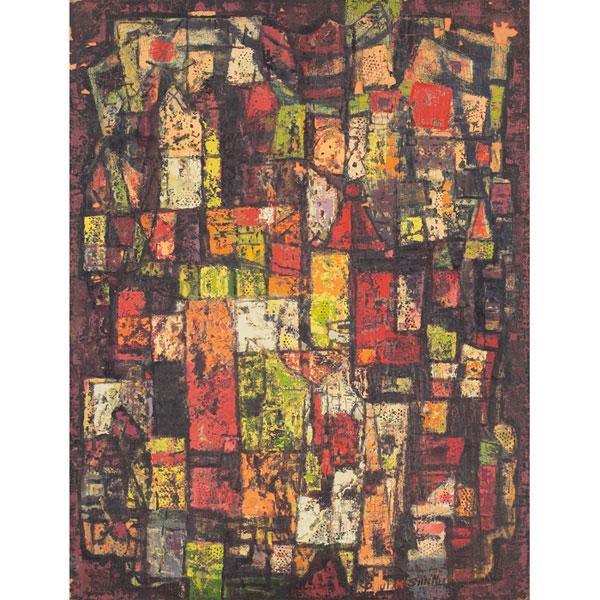 Paul Kauvar Smith "Abstracts," two oils on board: Paul Kauvar Smith (American, 1893-1978) "Abstracts," c. 1950, two oils on board, 24" x 18", one signed lower right, one signed on verso, unframed