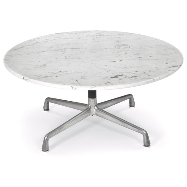 Eames Aluminum Group coffee table, marble: Charles and Ray Eames Aluminum Group coffee table, by Herman Miller, round white marble top with light gray veining over a four-point aluminum base, Herman Miller labels, 30"dia. x 16"h, excellent ori