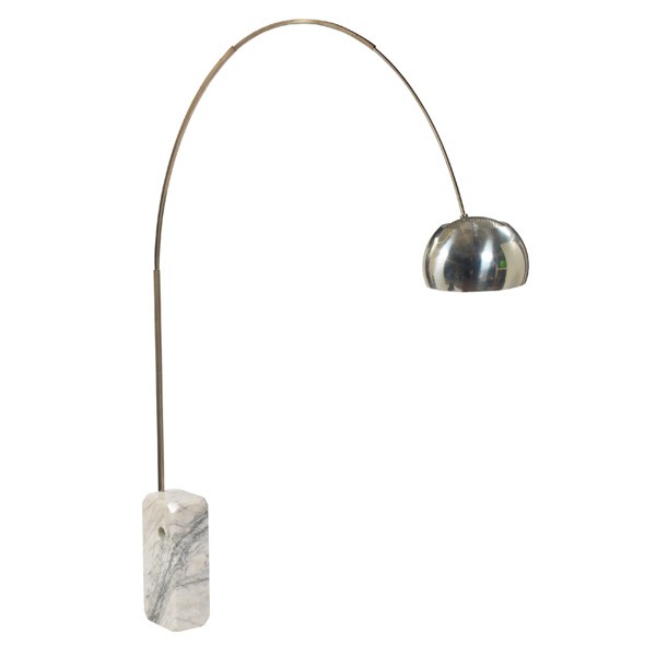 Castiglioni Arco floor lamp, by Flos, c. 1960: Achille and Pier Castiglioni Arco floor lamp, by Flos, c. 1960, solid white marble base supports a stainless steel arc and polished aluminum shade with perforated diffuser, 78.5"dia. x 96"h, very good