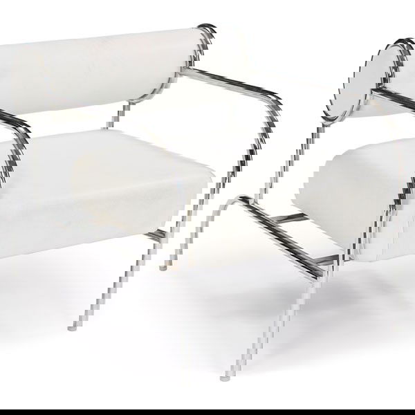 Shiro Kuramata "Sofa with Arms" chair Cappellini: Shiro Kuramata "Sofa with Arms" lounge chair, by Cappellini, Italy, c.1982, chrome frame with upholstered seat and rolled backrest cushion, original white leather, 24.5"w x 36"d x 26"h, excellent cond
