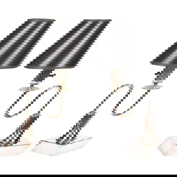 Tommi Parzinger table lamps, Lightolier: Tommi Parzinger table lamps, pair, by Lightolier, silver-plated forms with s-shaped arms, replaced black shades, 9"w x 18"h (with shade), very good condition