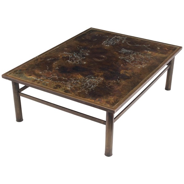 Philip and Kelvin Laverne "Classical" coffee table: Philip and Kelvin Laverne "Classical" coffee table, 1960s, rectangular bronze and brass top with acid-etched decoration over round legs connected by cross-stretchers, signed in surface of top, LaVerne