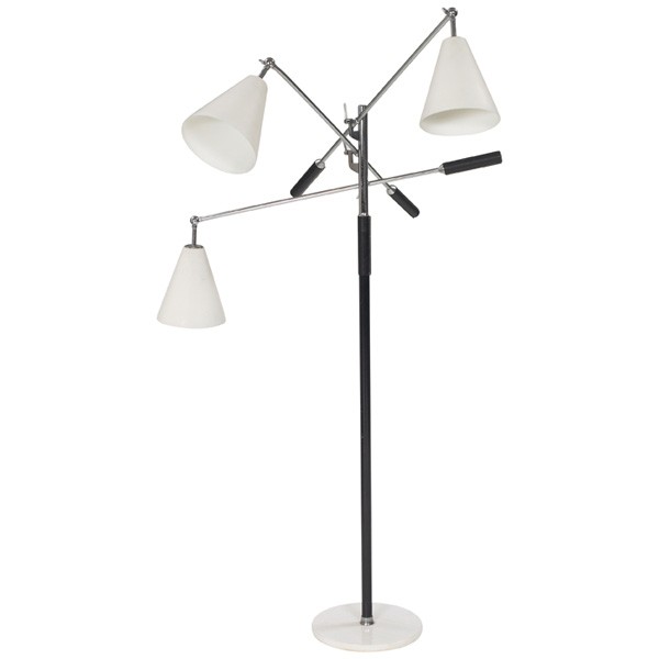 Arredoluce Triennale lamp, chromed, marble base: Arredoluce three-arm floor lamp, Italy, 1950s, chromed arms with three aluminum shades with the original white finish, black leather trim, round white marble base, stamped "Made Italy" on bottom of ba