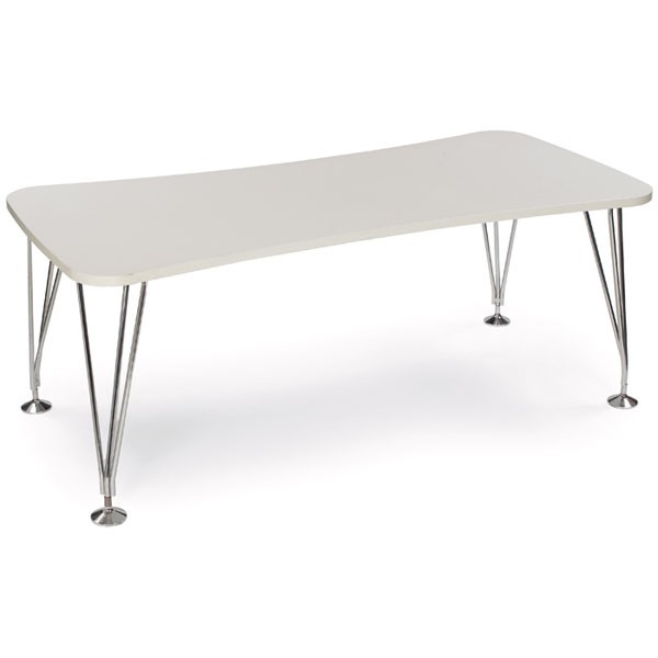 Ferruccio Laviani "Max" table, Kartell, white: Ferruccio Laviani "Max" table, for Kartell, hourglass-shaped top with white laminate surface, chrome-plated legs with disk feet, 74"w x 35.5"d x 29"h, 29.75"d at center, excellent condition