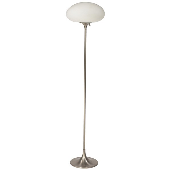 Laurel floor lamp, brushed metal base original sha: Laurel floor lamp, USA, 1960s, brushed metal base with original frosted glass globe shade, Laurel label, 13"dia. x 57"h, very good original condition