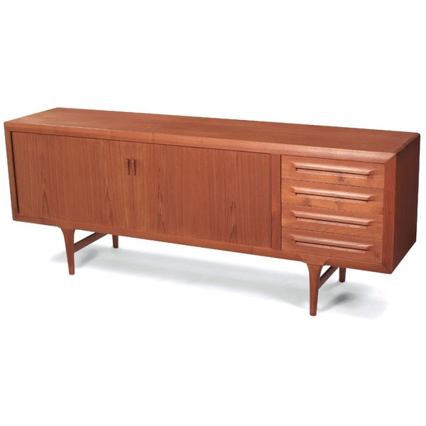 Ib Kofod-Larsen sideboard, Faarup, teak: Ib Kofod-Larsen sideboard, by Faarup Mobelfabrik, attribution, Denmark, 1960s, teak, two tamboured sliding doors conceal three shelves, four drawers, original finish, back is finished, signed with Dan