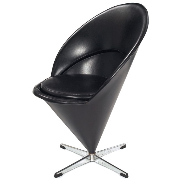 Verner Panton Cone chair, Plus-Linje, c.1960: Verner Panton Cone chair, by Plus-Linje, Denmark, c.1960, original black vinyl upholstery, steel sheel, stainless steel base with original plastic glides, 23"w x 24"d x 33"h, very good original condit