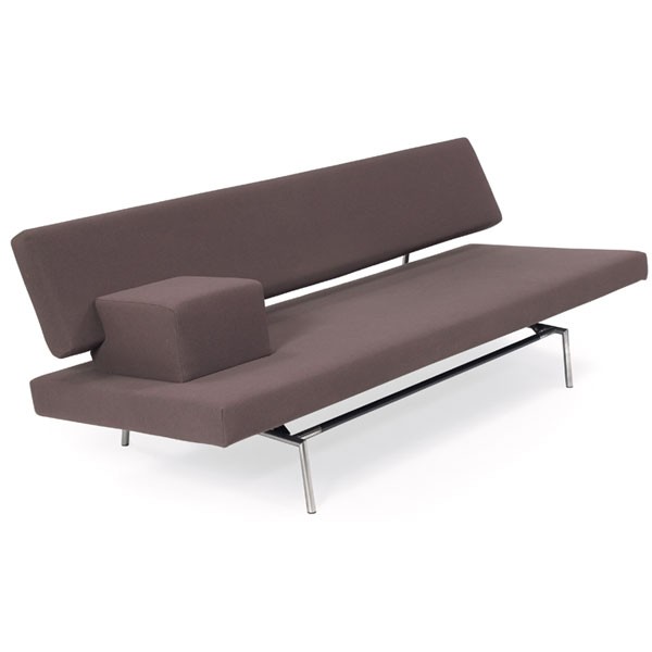 Martin Visser sofa bed, for Spectrum, light brown : Martin Visser sofa bed, for Spectrum, slab seat and back covered in light brown wool, one movable block armrest cushion, back adjusts to create a full-size sleeping space, polished and black enameled 