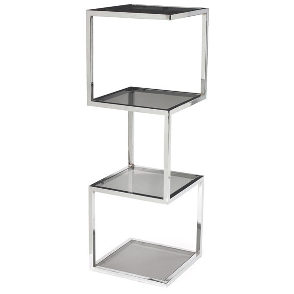 1960s chrome and smoked glass etagère: 1960s chrome and smoked glass etagère, in the style of Milo Baughman, four shelves, 18"w x 18"d x 54"h, excellent condition