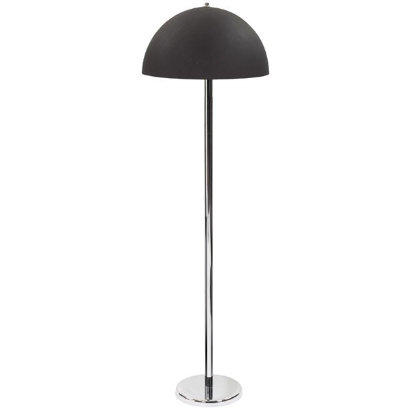 George Kovacs floor lamp Neal Small domed shade: George Kovacs floor lamp, 1970s, probably designed by Neal Small, domed metal shade with matte black finish, chromed metal base, labeled, 17"dia. x 57"h, excellent condition