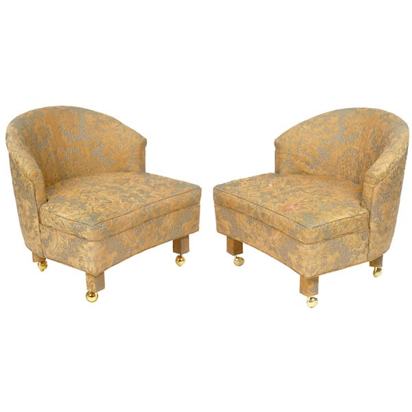 James Mont chairs, pair, attrib. low, rounded: James Mont chairs, pair, attribution, low forms with rounded backrests, original upholstery with stitched pattern over fabric, fabric-wrapped legs, on castors, unsigned, 26"w x 24"d x 27"h, wear to up