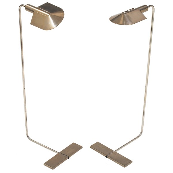 Cedric Hartman floor lamp, pair, USA, brass: Cedric Hartman floor lamp, pair, USA, brass forms with adjustable arm and lucite ball switch knob, height adjusts and shade swivels, interior of shade has a mirrored reflector, stamped "Cedric Hartman