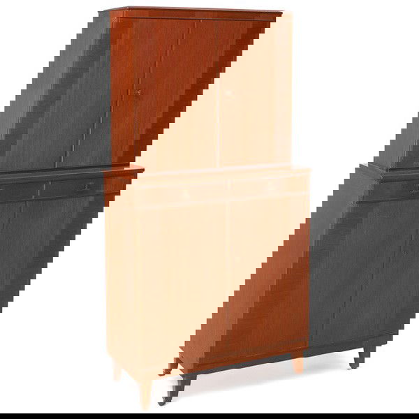 Carl Malmsten cabinet, Sweden, teak, 69.5", signed: Carl Malmsten cabinet, Sweden, teak, lower section with two doors and two adjustable shelves under two drawers, attached upper section with two doors and two adjustable shelves, interior finished in n