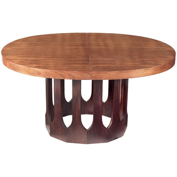 Midcentury dining table rosewood top arched base: Midcentury dining table, possibly Scandinavian, oval rosewood top over and arched wood base, original finish, 55.5"w x 42.5"d x 29.25"h, very good condition