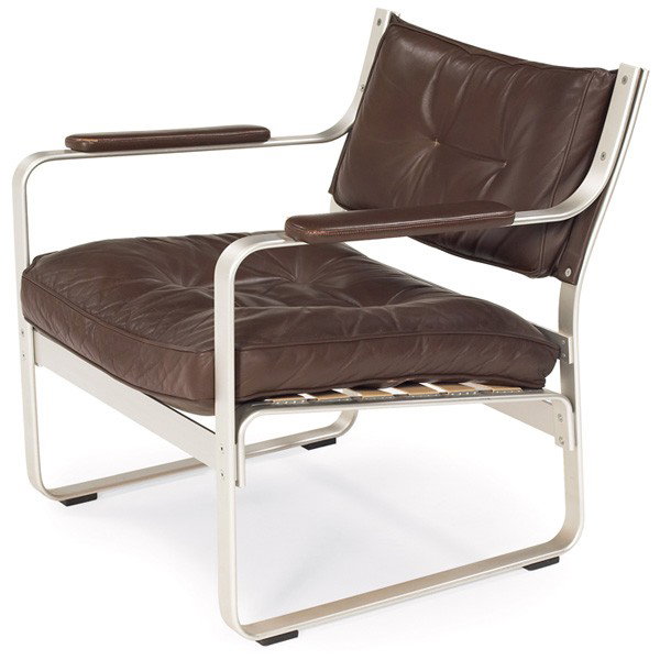 Karl Erik Ekselius chair JOC Mobel leather aluminu: Karl Erik Ekselius armchair, by JOC Mobel AB Vetlanda, Sweden, original brown leather seat, back and armrests in an aluminum frame, 28"w x 29"d x 28"h, excellent condition